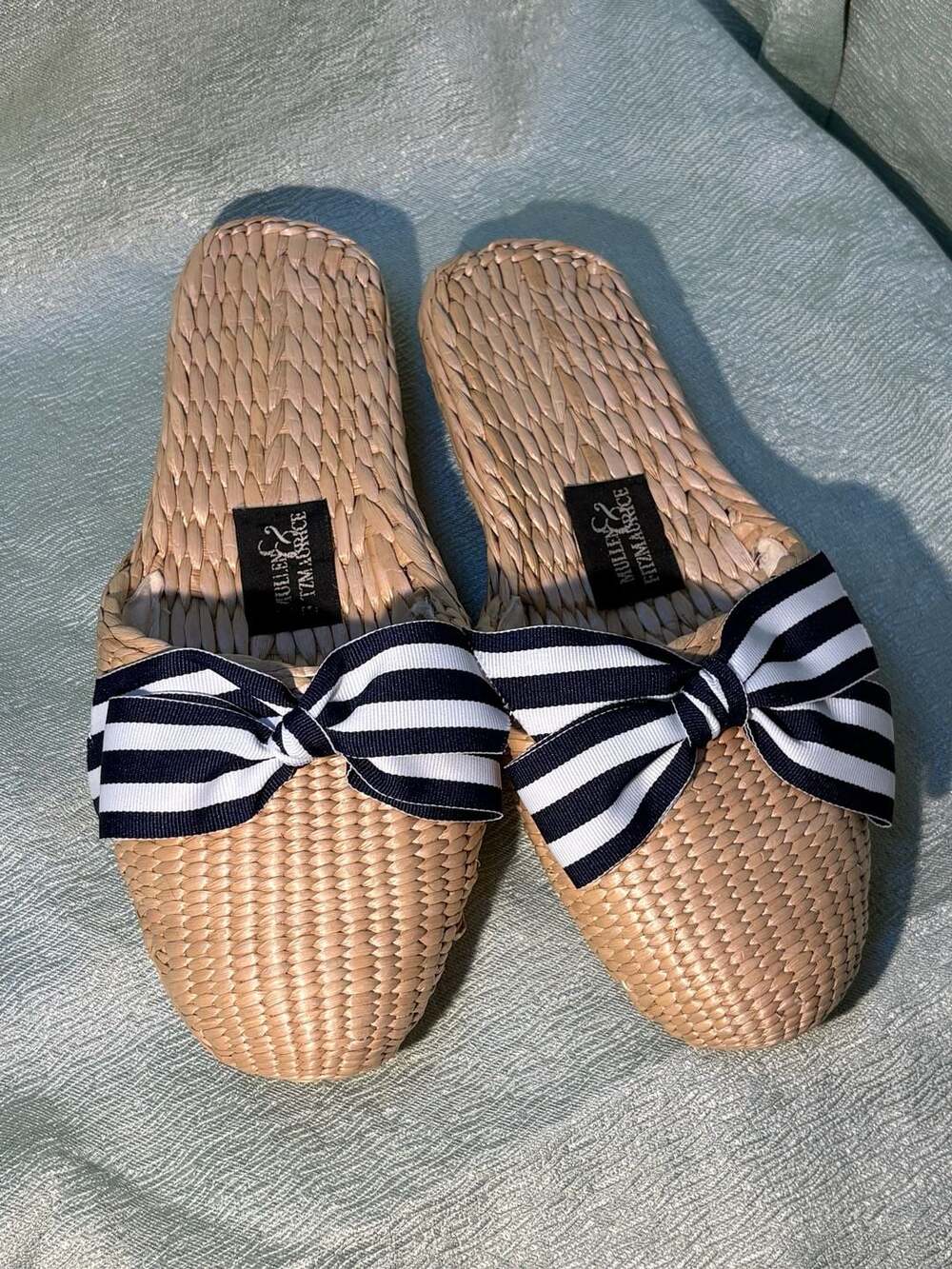 Mullen & Fitzmaurice Woven Straw Beach Sandals with Blue and White Striped Bow